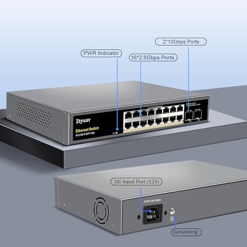 Image of 16 Port Unmanaged 2.5G Ethernet Switch with 16 x 2.5G RJ-45 Ports, 2 x 10G SFP+ Ports, Ports Speed Auto-Negotiation-100 /1000 /2500Mbps, One-Key VLAN, Fanless Metal Design, Plug & Play