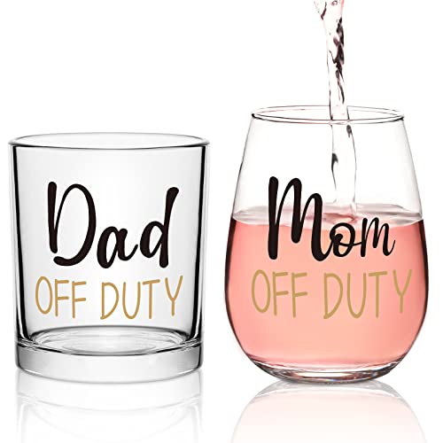 Futtumy Dad And Mom Gift Set, Dad & Mom Off Duty Whiskey Glass And Stemless Wine Glass Combo, Gift For Father’S Day Mother’S Day Christmas Birthday Daily Use Baby Shower For Dad Mom New Parents cover