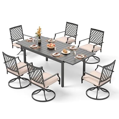 PHI VILLA Patio Dining Set 7 Pcs 1 Extendable Dining Table and 6 Swivel Chairs Support 300 lbs for Outdoor Backyard Bistro Furniture Set with Cushion