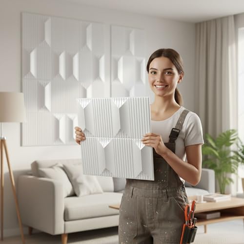 Image of Kayra Decor 3D PVC Wall Panels - Abstract Design, White Color 19.7 inch x 19.7 inch (Pack of 18) - Covers 48.42 Sq. Ft.