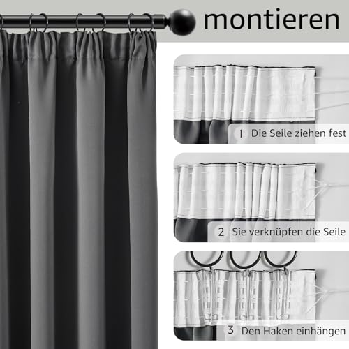TOPICK Gardinen Vorhänge Verdunklungsvorhänge 2er Set H245xB140 Dunkelgrau – Ansicht 2