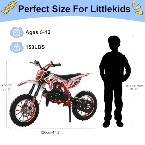 Image of 2026 New 50cc Dirt Bike for Kids 2-Stroke, Toddler Gas Powered Mini Bike with Front Rear Disc Brakes, Speeds up to 40KM /H, Gas Motorcycle for Children, Ideal Gifts for Boys Girls, (Red N)