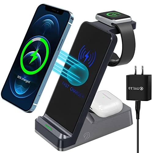 Wireless Charger,3 in 1 Wireless Charging Station,Toumky Charging Station for iPhone13 13 Pro Max 12 12 Pro Max 11 11Pro Max X XS XR 8 Plus 8,Apple Watch,AirPods,Qi Phone(with QC3.0 Adapter)
