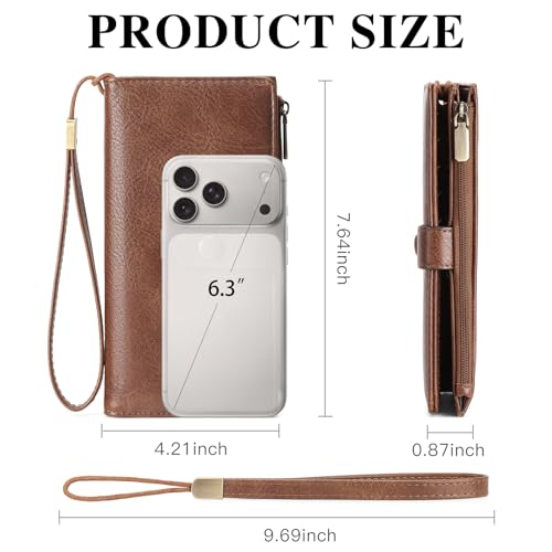 Image of GOIACII Womens Wallets Large Capacity Credit Card Holder RFID Blocking Leather Wallet Wristlet Ladies Clutch Purse Brown