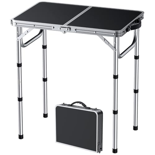 FUNYKICH 2ft Small Folding Camping Table(L22.8'' xW15.7''), 3 Height Adjustable Portable Picnic Table, Lightweight Aluminum Outdoor Tables with Carry Handle for Camping, Picnic, Silver