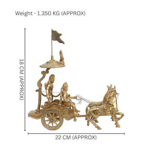 Image of Arjuna Rath Geeta Mahabharat Chariot with Krishna Ji & Hanuman Ji Brass Statue |18CM Approx | Vastu Remedy |Vastu Pital Showpiece |Decorative Arjuna Rath with Two Horses