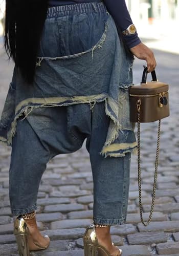 NRTHYE Womens Baggy Cargo Harem Jeans Patchwork Elastic Waist Wide Leg Hippie Denim Pants Casual Jogger Trousers3