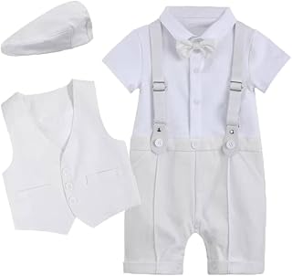 Baby Boy Gentlemen Romper Suits Infant Baby Boys' Christening Gowns Clothing Baptism Jumpsuit Bow Tie Waistcoat with Hat Birthday Wedding Outfits White 3-6 Months
