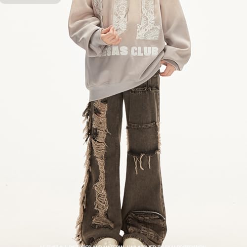 Fashion High Waist Baggy Wide Leg Fringe Ripped Jeans Y2K Vintage Casual Straight Denim Pants with Pocket 7