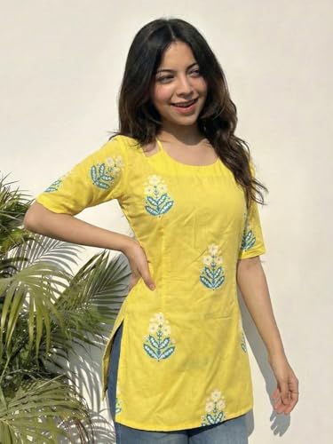 Image of ANNI Designer Women's Viscose Blend Printed Short Kurti | Straight Fit Ethnic Top with Square Neck | Bell Sleeve Indian Kurta for Office College, Party