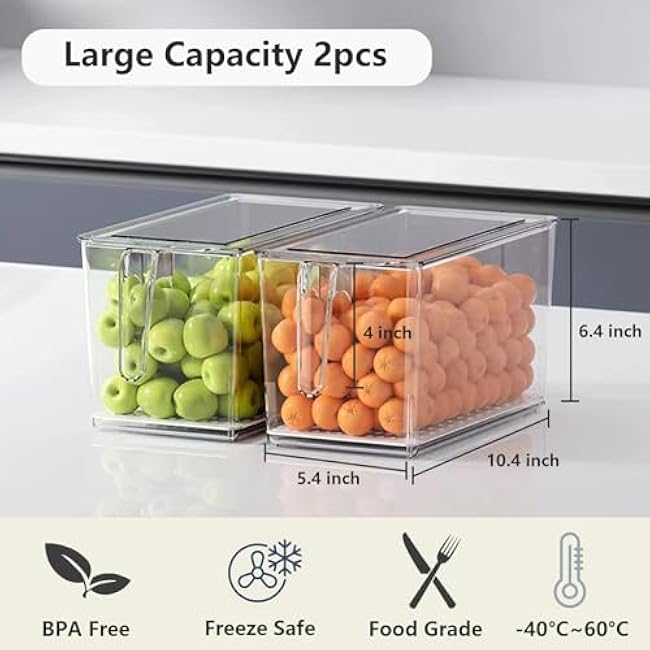 2 Pack Fruit Containers for Fridge, Stackable Ice Container for Freezer with Handles, Clear Pantry Organization and Storage, Kitchen Organization for Food Vegetable Salad with Lids
