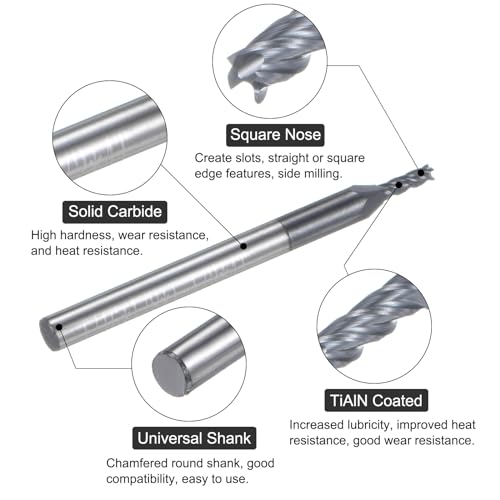 Image of uxcell Carbide Square End Mill, 1 /16 inch Diameter TiAlN Coated 4 Flutes Milling Bit Cutter, for Hardened Steel Stainless Steel Alloy Metal, 1 /8 inch Shank 3 /16 inch Cut Length 1-1 /2 inch Long HRC55