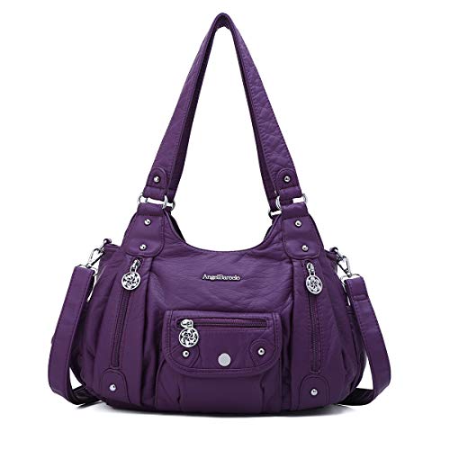 Angel Barcelo Roomy Fashion Hobo Womens Handbags Ladies Purse Satchel Shoulder Bags Tote Washed Leather Bag Purple