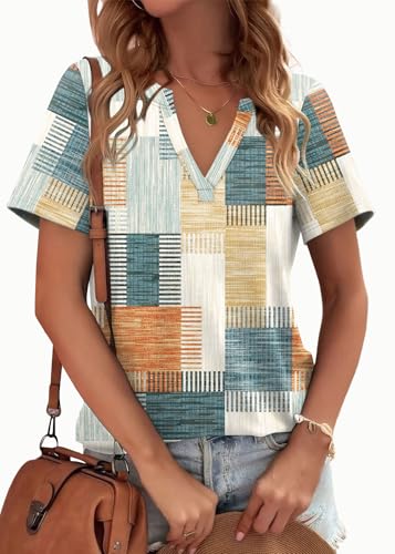 Image of WEESO Womens Tops Summer Short Sleeve V Neck Blouses Business Casual Loose Fit Tshirts Trendy Fashion Outfits