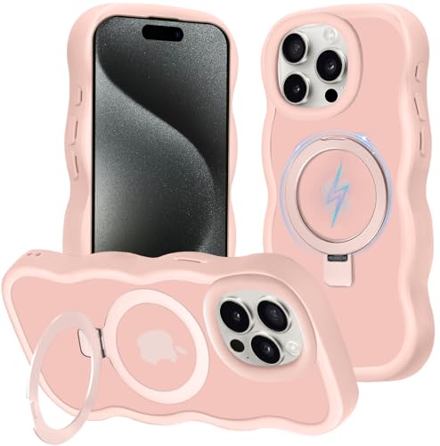 ATUSIDUN For iPhone 15 Pro ケース Magsafe対応 リング ワイヤレス充電 いphone15pro ケース スタンド 縦横両対応 マグネット搭載 半透明 耐衝撃 PC+TPU アイフォン 15Pro スマホケース 人気 おしゃれ ストラップホール付き 滑り止め マット感 波状 あいふおん15pro カバー (ピンク)