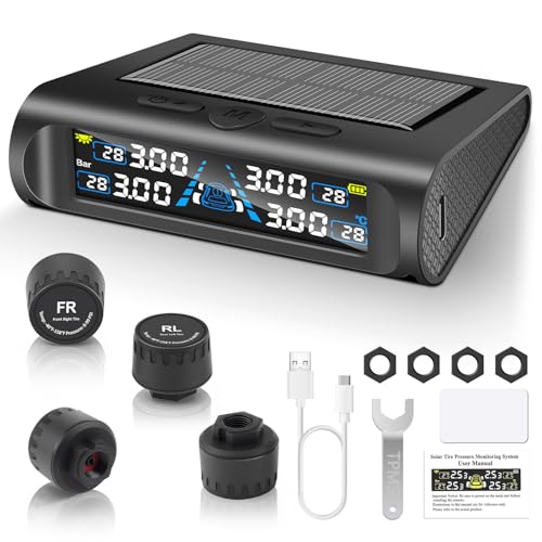 Liwogi Tpms Reifendrucküberwachungssystem mit 4 Reifen, Auto Reifendruckprüfer mit Alarmmodus Solar/USB-Laden für LKW ELV Wohnmobil, 0-6.8Bar/0-99 PSI,Dynamische Spur