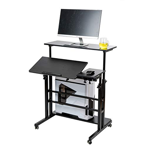 SIDUCAL Mobile Stand Up Desk, Adjustable Laptop Desk with Wheels Storage Desk Home Office Workstation, Rolling Table Laptop Cart for Standing or Sitting, Black