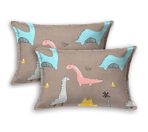 Image of RD FABS Glace Cotton Wrinkle Free Soft Hypoallergenic Elastic Fitted Cartoon Printed Bedsheets for Kids with 2 Pillow(Size,78 x 72 Inches(Fits up to 8 Inch),Rosy /Dinosaur),Double Bed,300 TC