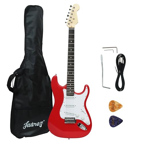 Image of Juarez Electric Guitar 38 inch Strat Style, H-S-S Pickup, 21 Frets, Red Gloss, Maple Neck, Rosewood Fingerboard, Chrome Hardware - with Bag, Tremolo Rod, Cable, Picks & Allen Key
