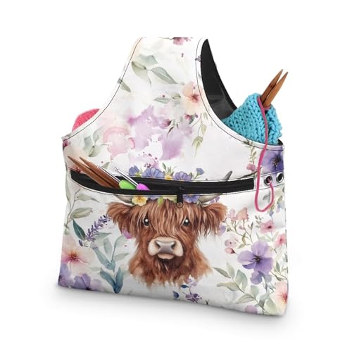 Image of ZUXONGSY Highland Cow Yarn Tote Bags for Crocheting Wildflower Knitting Tote Bag Lightweight Knitting Accessories Crochet Organizers and Storage