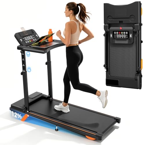 Image of 12% Incline Multifunctional Walking Pad with Height-Adjustable Handle Bar and Built-in Removable Desk, 8.0MPH /3.5HP Small Treadmill, 350LBS Weight Capacity Compact Treadmills (Black Orange)