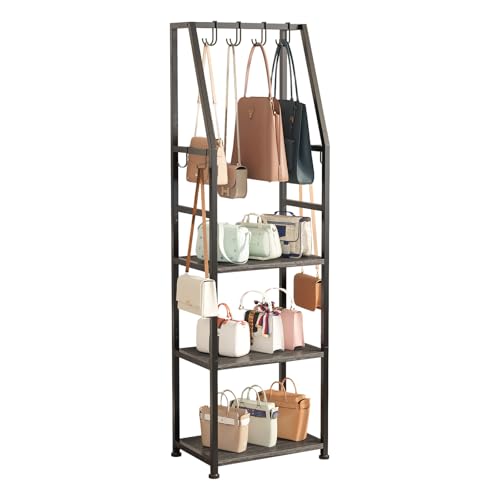 WCBSQX Tall Narrow Purse Organizer for Closet, 3-Tier Floor Standing Handbag Storage Rack with 8 Adjustable Hooks, Space-Saving Purse Display Stand for Small Space Bedroom Entryway(Dark Gray)