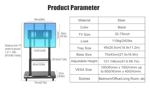 Soporte móvil para TV con ruedas ajustable para pantallas 32-75 pulgadas miniatura 2