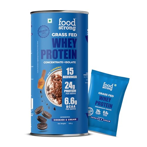 Image of Foodstrong Whey Protein Powder (Concentrate + Isolate), 100% Hormone Free Grass-Fed Whey, 24G Protein & 6.6G BCAA, Cookies & Cream, With Turmeric & Digestive Enzymes, (15 Sachets), 525G