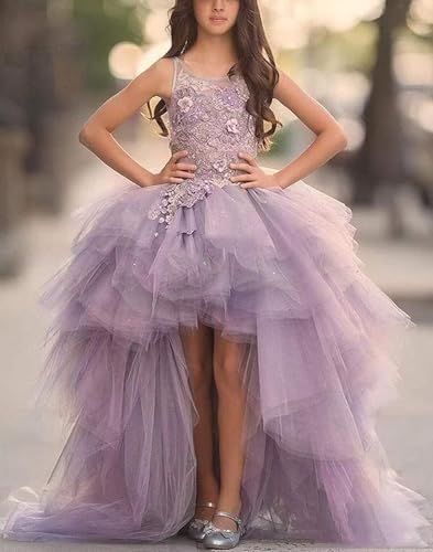 High Low Flower Girl Dresses Ruffle Tulle Pageant Gowns Laces Applique Kids Prom Dresses HA012