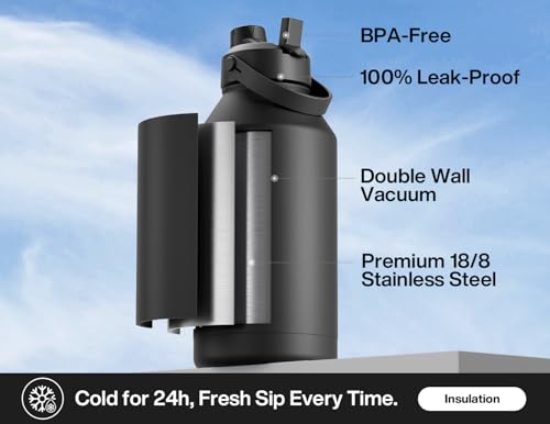 Image of POWCAN 64 oz Insulated Water Bottle with 2-in-1 Straw and Spout Lid, Keep Cold 24H, Leak-Proof, BPA-Free, Double Wall Stainless Steel Water Bottle for Sports, Gym, Travel, and School (Dark Knight)