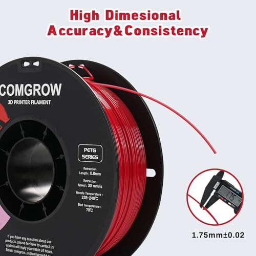 Image of Comgrow PETG 3D Printer Filament 1.75mm, High Precision and Tough 3D Printer Filament 1kg (2.2LBS), Dimensional Accuracy + /- 0.02 mm, Fit Most 3D Printers Red