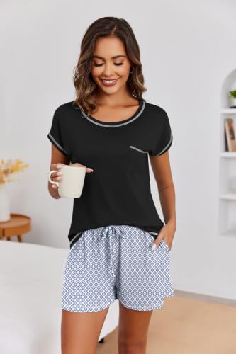 Image of Ekouaer Womens Pajama Sets 2 Piece Soft Short Sleeve Top and Shorts Sleepwear Round Neck Pjs Lounge Set with Pockets