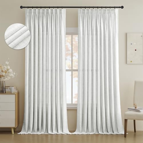 Sanceor Linen Pinch Pleated Curtain Light Filtering Window Curtains 108 inch for Living Room Bedroom Pinch Pleat Drapes with Hooks（ White,52" W x 108" L，1 Panel