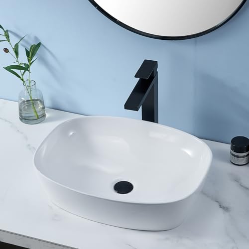 Oval Vessel Sink White,VALISY 20\"x15\" Inch Bathroom Vessel Sink Above Counter Porcelain Ceramic Bathroom Sink Bowl,Egg Shape Modern Countertop Washing Art Basin for Vanity Lavatory Bath Cabinet