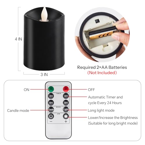 Image of 3x4 Flickering Flameless Candles Set of 1,Real Wax Pillar led Candles Flickering,with Timer,4 inch Flameless Candles with Remote,for Holiday Home Decor Party,Black