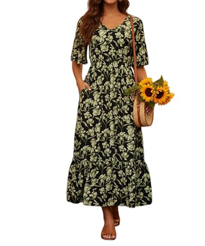 Image of Women's Summer Short Sleeve Maxi Floral Flowy Dresses with Pockets