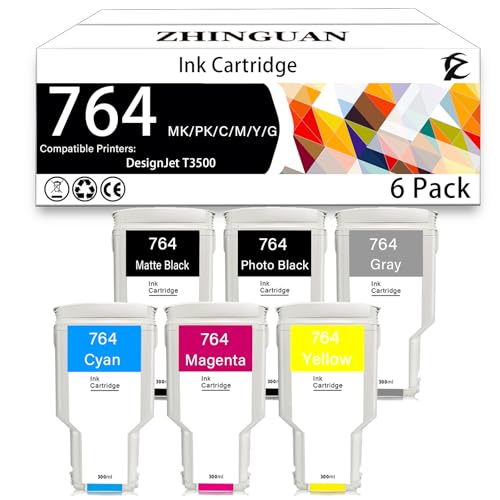 Image of 764 Ink Cartridges Replacement for 764 Ink Cartridges Work for DesignJet T3500 Postscript Printer(Photo Black /Matte Black /Gray /Cyan /Magenta /Yellow，300ML)