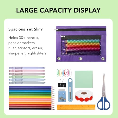 Image of Pencil Pouch for 3 Ring Binder, Heavy Duty Canvas Dual Zipper Pen Bag with Clear Window, Smooth Metal Zipper, Fit Standard 3-Ring Binders for School Office Travel Supplies (Purple)