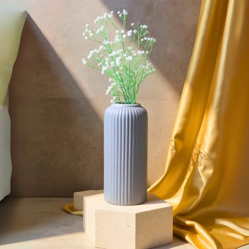 Image of KREATIVE ART'S Modern Ribbed Design Ceramic Flower Vase for Living Room, Flower Pots for Artificial Flower, Home Decoration Item, Home Decor, Vases for Living Room (Grey, Large)