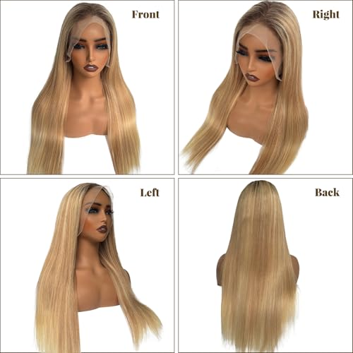 Image of 28 Inch Highlight Blonde Lace Front Wigs Human Hair 13x6 HD Transparent Glueless Wigs Human Hair for White Women Ombre Brown with Bleach Blonde Straight Lace Frontal Wig Pre Plucked 180% Density