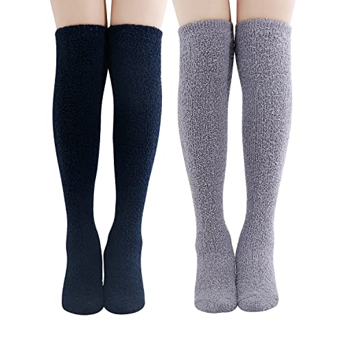 SKOLA 2 Pairs Soft Warm Fuzzy Knee High Long Cozy Microfiber Socks (Gray/Navy 2 Pairs)
