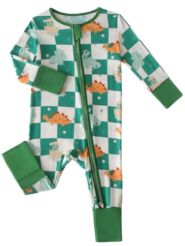 Joonberry Infant Baby Girl Clothing Bamboo Rayon Footies, Newborn outfit Footed Long Sleeve Jumpsuit with Zipper and Mitten Cuffs (Dinosaur Checkerboard, 18-24M)