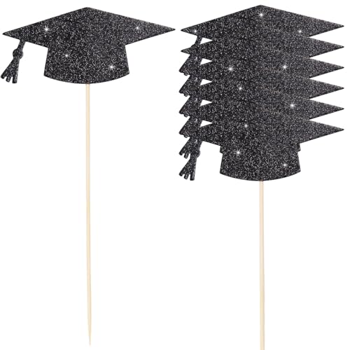 MixTeach 12 Pieces Double Sided Glitter Graduation Centerpiece Sticks, Grad Caps Centerpiece Sticks for Class of 2026 High School College Graduation Party (Black)