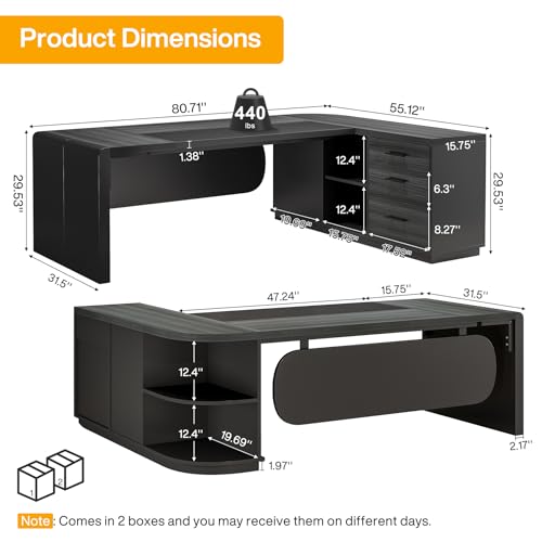 Image of Tribesigns 80'' L-Shaped Desk, Large Executive Office Desk with 55'' Drawers Cabinet, Modern Commercial Office Table with Storage Shelves, Business Furniture for Home Office, Grey & Black