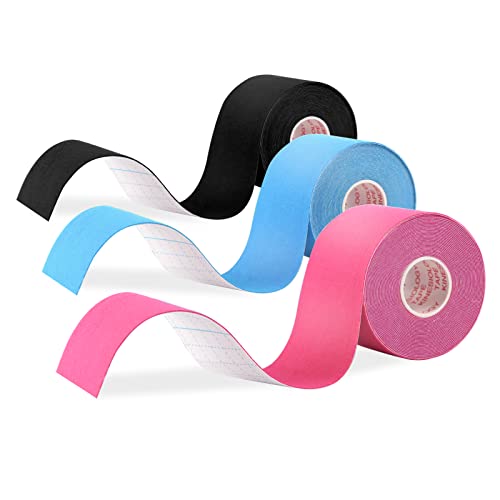 JOPHEK Kinesiotapes, 3 rollos (5 mx5 cm), cinta de kinesiología, azul + rosa + negro, cinta de fisioterapia, elástica, resistente al agua, hombros y codos, bandas de tonificación muscular