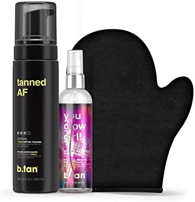 b.tan Darkest + Glowy Self Tanner Kit | b.tan + Glow Bundle - Tanned AF Self Tanning Mousse with You Glow Girl Face + Body Gradual Self Tan Mist with Self Tanning Mitt Applicator, 1 Hour Sunless Tanner, Fast Self Tan, No Fake Tan Smell, No Added Nasties, Vegan, Cruelty Free, 6.7 Fl Oz