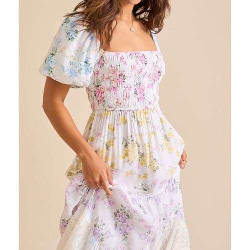Women Floral Maxi Dress Smocked Puff Sleeve Square Neck Lace Patchwork Tiered Boho Long Dress Vacation Garden Party4
