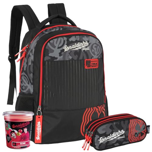 Kit Mochila Youtuber Influencer Enaldinho Costas com alças modelo MS49451UP E Estojo Triplo Escolar Juvenil preta camuflada com slime