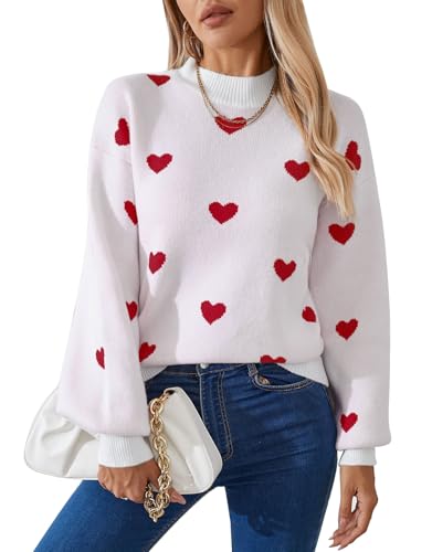 Image of Women's Long Sleeve Mock Neck Sweaters Loose Cute Heart Pullover Sweater