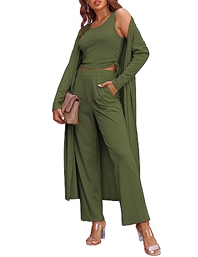 Image of Ekouaer Women's 3 Piece Lounge Set Pajama Long Sleeve Cardigan Sleeveless Top Pants Sweatsuit S-XXL